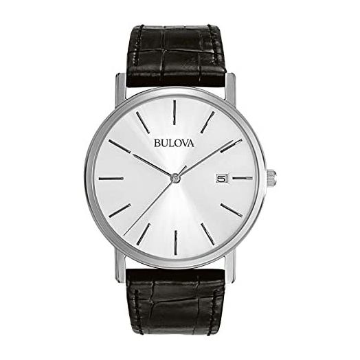 Bulova Classic Quartz Mens Watch, Stainless Steel with Black Leather Strap, Silver-Tone (Model: 96B104)