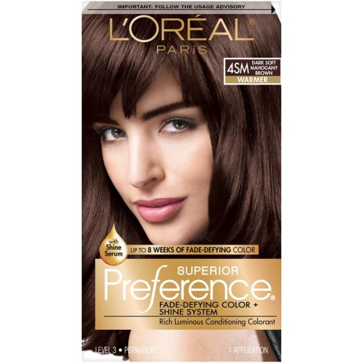 L'Oreal Paris Superior Preference Fade-Defying Shine Permanent Hair Color, 4SM Dark Soft Mahogany Brown, 1 Kit