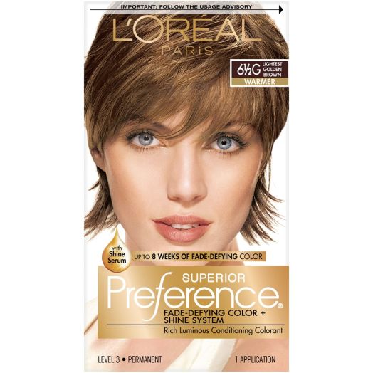 L'Oreal Paris Superior Preference Fade-Defying Shine Permanent Hair Color, 6.5G Lightest Golden Brown, 1 Kit