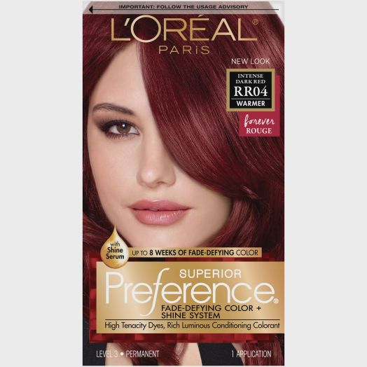L'Oreal Paris Superior Preference Fade-Defying Shine Permanent Hair Color, RR-04 Intense Dark Red, 1 Kit