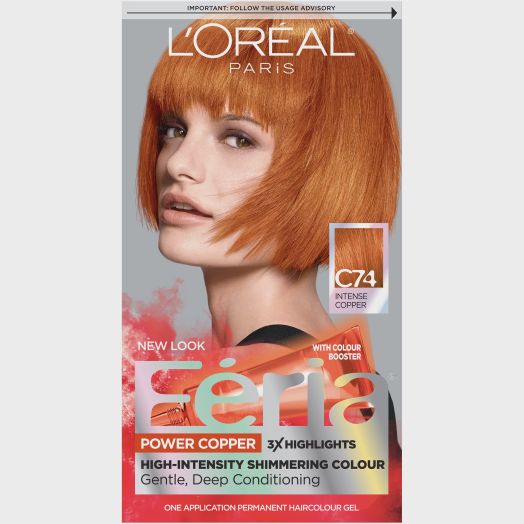 L'Oreal Paris Feria Multi-Faceted Shimmering Permanent Hair Color, C74 Copper Crave (Intense Copper), 1 Kit