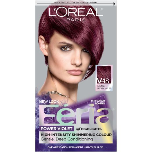 L'Oreal Paris Feria Multi-Faceted Shimmering Permanent Hair Color, V48 Violet Vixen (Intense Medium Violet), 1 Kit