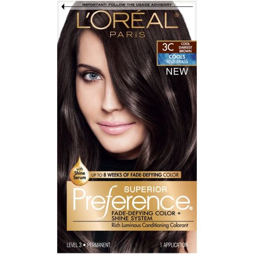 L'Oreal Paris Superior Preference Fade-Defying Shine Permanent Hair Color, 3C Cool Darkest Brown, 1 Kit