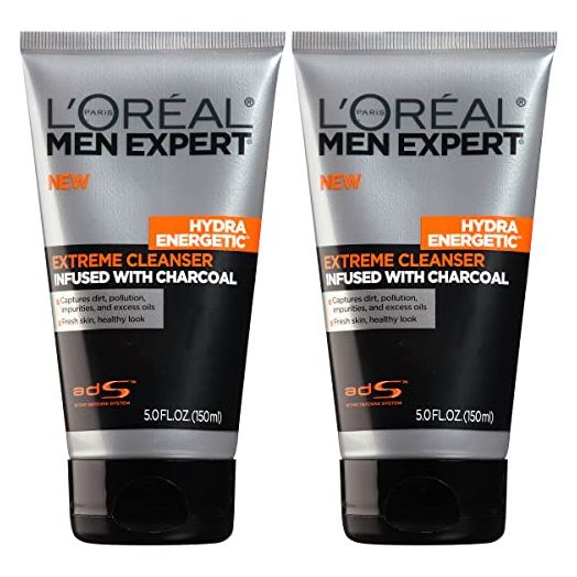 L'Oreal Men Expert Hydra Energetic Facial Cleanser with Charcoal for Daily Face Washing, Mens Face Wash, Beard and Skincare for Men, 2 ct.