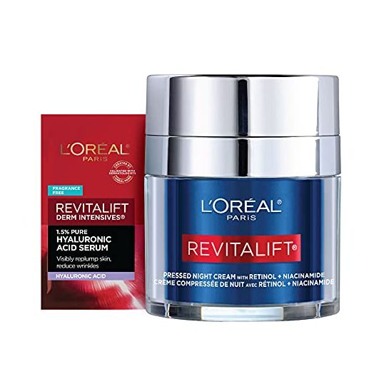 L'Oreal Paris Revitalift Pressed Night Cream with Retinol, Niacinamide, Visibly Reduce Wrinkles, Hydrate for Face, Under Eye, Neck, Chest, Dermatologist tested + Hyaluronic Acid Serum Sample