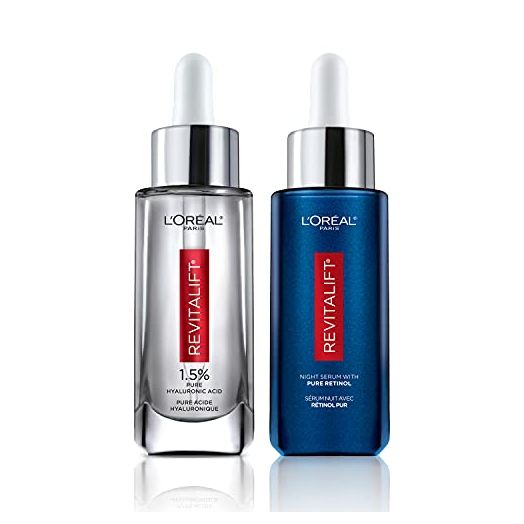 L'Oreal Paris 1.5% Pure Hyaluronic Acid with Vitamin C and 0.3% Retinol Serum for Face Revitalift Derm Intensives Anti-Aging Skin Care Day Night Regimen