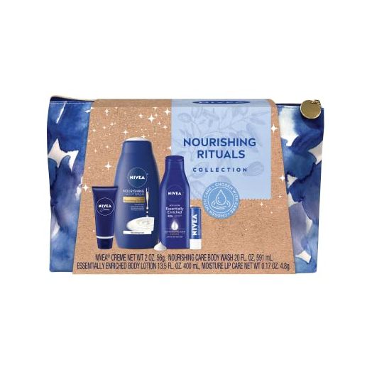 NIVEA Skin Care Set For Her, Nourishing Body Wash, Moisturizing Body Lotion, Lip Balm Stick with Shea Butter, & Multi Purpose Face, Body & Foot Cream, 4 Piece Gift Set