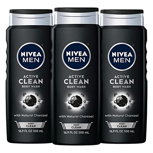 NIVEA MEN DEEP Active Clean Charcoal Body Wash, Cleansing Body Wash with Natural Charcoal, 3 Pack of 16.9 Fl Oz Bottles