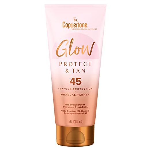 Coppertone Glow Protect and Tan Sunscreen Lotion with Gradual Self Tanner SPF 45, Water Resistant Sunscreen, SPF 45 Broad Spectrum Sunscreen SPF 45, 5 Fl Oz Tube