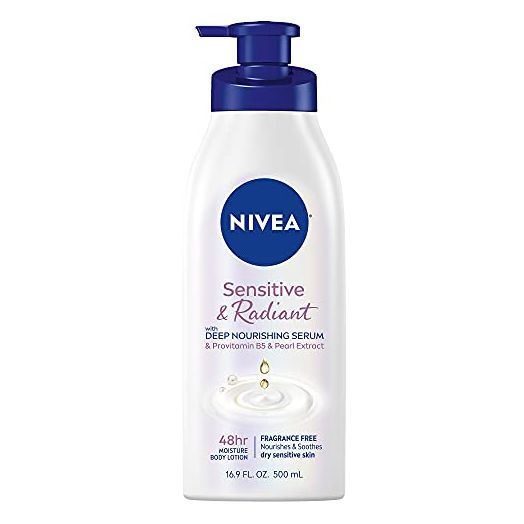 NIVEA Sensitive and Radiant Body Lotion, Sensitive Skin Lotion, Moisturizing Lotion for Dry Skin, Body Lotion for Sensitive Skin, 16.9 Fl Oz Pump Bottle
