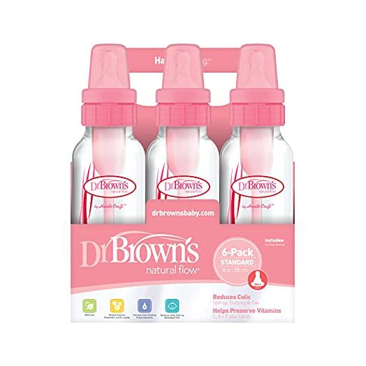 DR Browns Natural Flow Feeding Bottle 6PK Clear with Pink Print - 250ML(8OZ) (Standard)