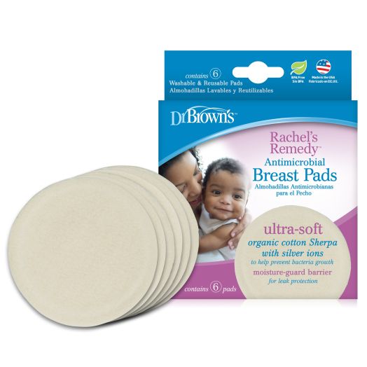 Dr. Brown's Rachel's Remedy Antimicrobial Breast Pads, Ultra-soft Organic Sherpa with Silver Ions-Absorbent, Washable, & Reusable, 6 Count