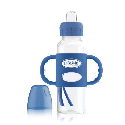 Dr. Brown's Sippy Spout Baby Bottle with 100% Silicone Handle, 8 Ounce, Blue
