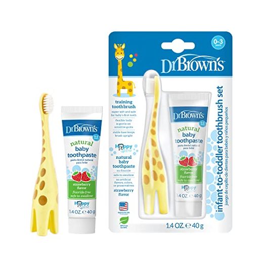 Dr. Brown's Infant-to-Toddler Training Toothbrush Set with Strawberry Fluoride-Free Toothpaste 1.4 oz, Soft for Baby's First Teeth, Giraffe, BPA Free, 0-3 Years