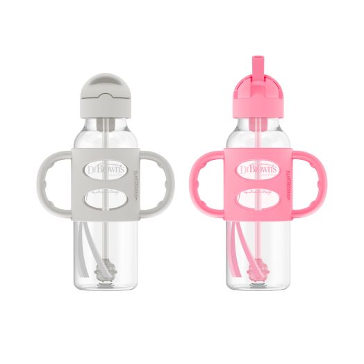 Dr. Brown's Milestones Sippy Straw Bottle with Silicone Handles - Pink/Gray - 2pk