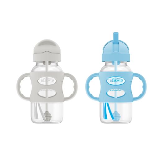Dr. Brown's Wide-Neck Sippy Straw Bottles with Silicone Handles, Gray and Blue, 9oz/270ml, 2-Pack