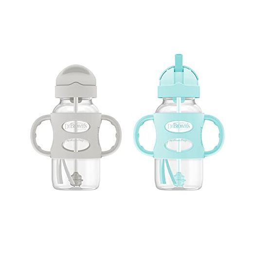 Dr. Brown's Wide-Neck Sippy Straw Bottles with Silicone Handles, Gray and Green, 9oz/270ml, 2-Pack