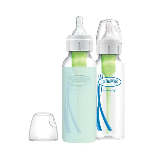 Dr. Brown's Options+ Glass Baby Bottles, 8oz, 2-Pack, with Silicone Sleeve