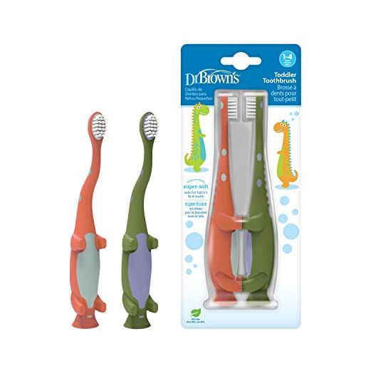 Dr. Brown's Toddler Toothbrush, Dinosaur, Green and Orange (2 Pack)