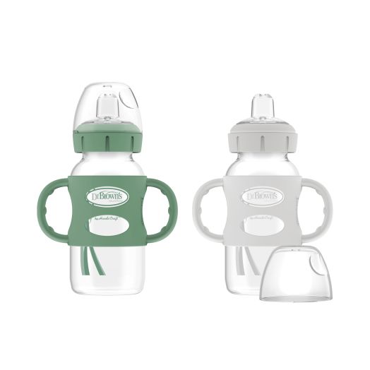 Dr. Brown’s Milestones? Wide-Neck Sippy Bottle with Silicone Handles 9oz 270mL 6m+ Green and Gray 2-Pack