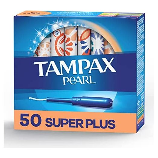 Tampax Pearl Tampons Super Plus Absorbency with BPA-Free Plastic Applicator and LeakGuard Braid, Unscented, 50 Count