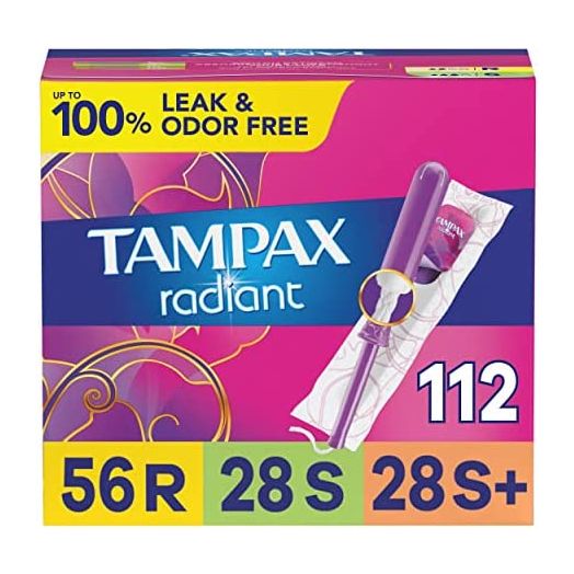 Tampax Radiant Plastic Tampons, Regular/Super/Super Plus Absorbency Triplepack, 112 Count, Unscented (28 Count, Pack of 4 - 112 Count Total)