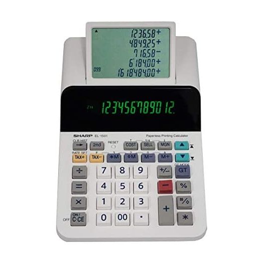 Sharp El-1501 Compact Cordless Paperless Large 12-Digit Display Desktop Printing Calculator That Utilizes Printing Calculator Logic