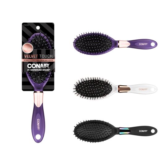 Conair Velvet Touch Cushion Hairbrush with Nylon Bristles and Soft-Touch Handle for Everyday Brushing (Colors Vary), 1ct