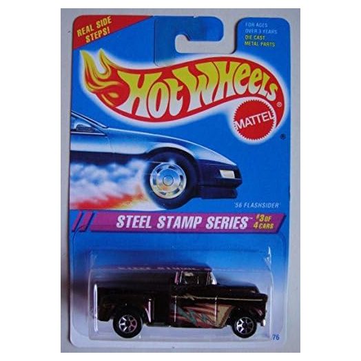 Hot Wheels Steel Stamp Series #3 of 4 Cars, RED Flake '56 FLASHSIDER 7 Spoke Real Side Steps Card