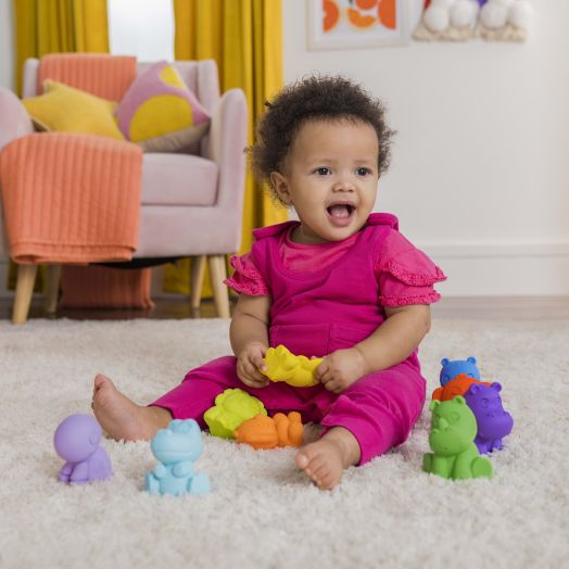 Bright Starts TropicAnimals 9pk Take-Along Friends Baby Bath Toys and Play Set - Squeezable Wipeable Soft Infant Toys, Ages 3 Months+