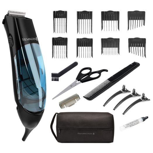 Remington Vacuum Trimmer and Hair Clipper, 18-Piece Vacuum Haircut Kit, Easy Cleanup, Black, HKVAC2000A