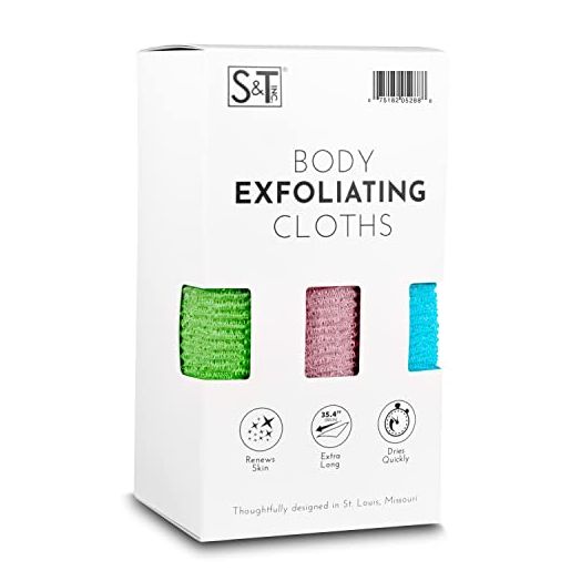 S&T INC. Body Exfoliating Cloths, 11.8 Inch x 35.4 Inch, Assorted, 3 Pack