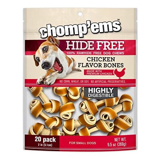 CHOMP 'EMS Chicken Hide Free Dog Chews - Rawhide Free Dog Treats - No Hide Alternative Chew Treat for All Life Stages, Bone, 2", 20 Count — Satisfies Chewing Instincts