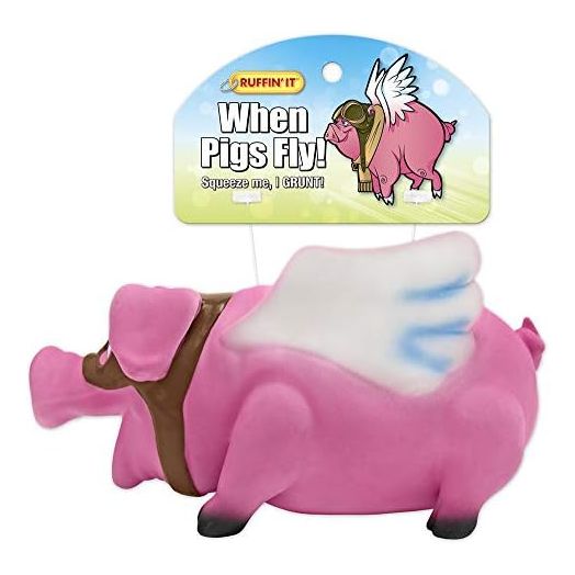Ruffin' It 80542 When Pig's Fly Dog Toy with Squeaker, Flying Pig, Pink