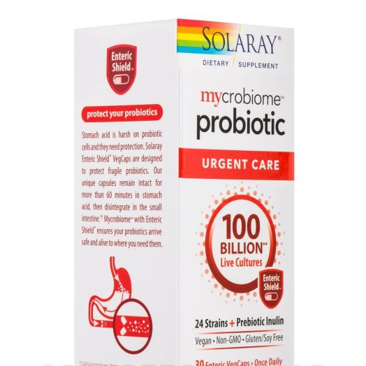 Solaray mycrobiome probiotic Urgent Care, 100 Billion, 24 Strains + Prebiotic Inulin - 30 Enteric VegCaps