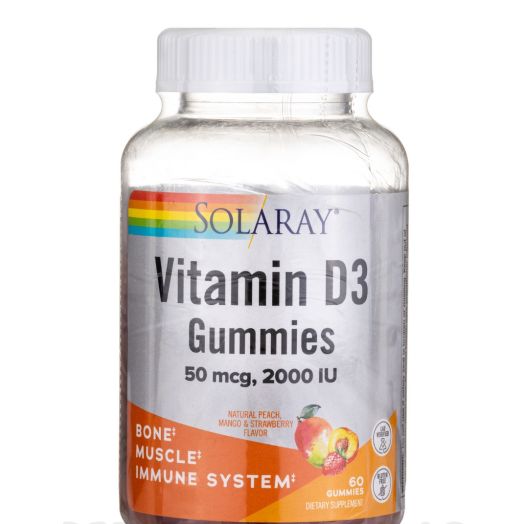 Solaray Vitamin D3 Gummies 50 mcg (2000 IU) - Natural Peach, Mango & Strawberry Flavor - 60 Gummies