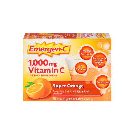 Emergen-C (30 Count, Super Orange Flavor, 1 Month Supply) Dietary Supplement Fizzy Drink Mix with 1000mg Vitamin C, 0.32 Ounce Packets, Caffeine Free