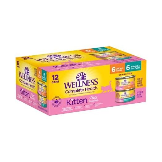 Wellness Complete Health Grain-Free Wet Canned Kitten Food, Made in USA with Real Meat, All Breeds, Smooth Pate (Kitten, Whitefish & Chicken Bundle, 3-Ounce Can, Pack of 12)