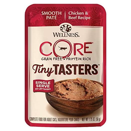 Wellness CORE Tiny Tasters Wet Cat Food, Complete & Balanced Natural Pet Food, Made with Real Meat, 1.75-Ounce Pouch, 12 Pack (Flaked, Minced in Gravy & Pate)