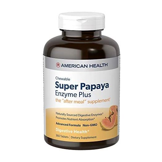 American Health Super Papaya Plus Digestive Enzyme Chewable Tablets, Natural Papaya Flavor - Helps with Digestion & Nutrient Absorption, Contains Papain & Other Enzymes - 360 Count, 120 Total Servings