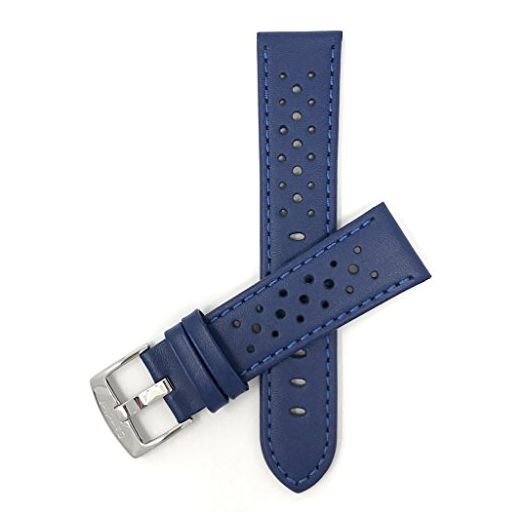 Bandini Mens Leather Rally Strap - Breathable Perforated Racing Watch Band - Replacement Racer Rally Band for Classic and Smart Watch - Blue 24mm Watch Band