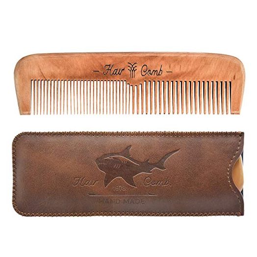 Wooden Hair Combs for Men, Men's Wood Beard Comb with Leather Travel Case, Kids Comb(brown shark)