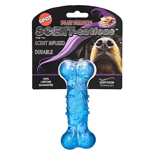 SPOT Play Strong Scent-sations Bone - Scent-Infused, Strong, Durable TPR Rubber, Heavy Duty Dog Toys for Aggressive Chewers up to 45lbs, Perfect for Small & Medium Breeds, 5in, Bacon Flavored