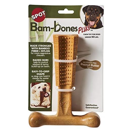 SPOT Bam-bones PLUS T Bone - Bamboo Fiber & Nylon, Durable Long Lasting Dog Chew for Aggressive Chewers – Toy for Dogs & Puppies under 90lbs, Non-Splintering, 7in, Allergen Free Peanut Butter Flavor