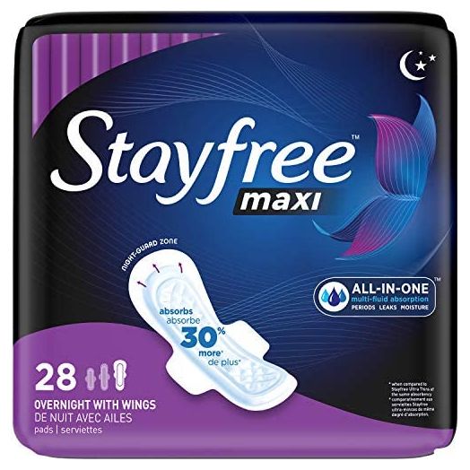Stayfree Maxi Overnight Pads with Wings For Women, Reliable Protection and Absorbency of Feminine Periods, 28 Count
