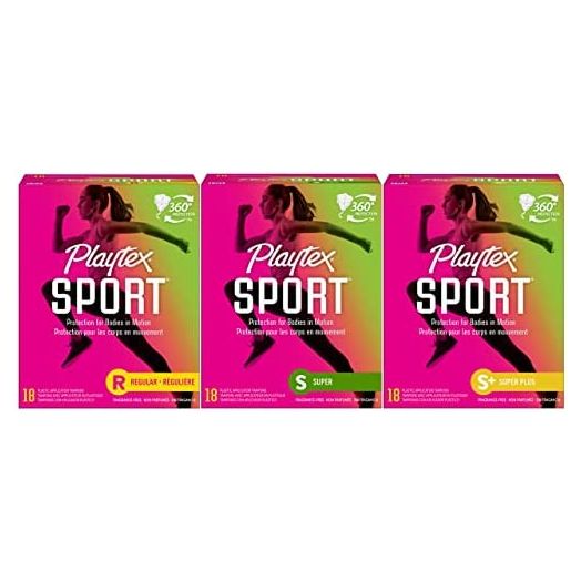 Playtex Sport Tampons with Flex-Fit Technology, Mixed Pack of Regular, Super, Super+, Unscented, 54ct - Pack of 3