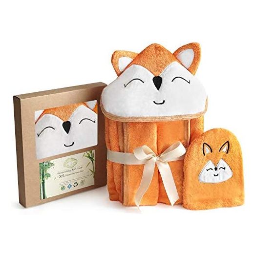 Fox Style Bamboo Baby Hooded Bath Towel & Washing Glove Set - Size 40x28”, Soft and Comfortable, Ultra Absorbent, 100% Natural for Baby (Orange)