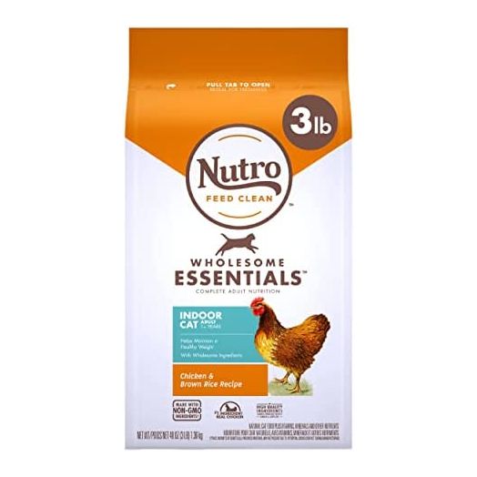 NUTRO WHOLESOME ESSENTIALS Adult Indoor Natural Dry Cat Food for Healthy Weight Farm-Raised Chicken & Brown Rice Recipe, 3 lb. Bag