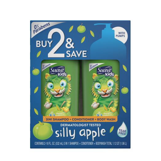 Suave Kids Silly Apple 3 in 1 Shampoo, Conditioner, Body Wash, 18 oz, Twin