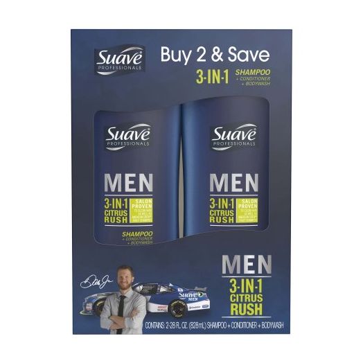 Suave Men Citrus Rush 3 in 1 Shampoo Conditioner Body Wash, 28 oz, 2 count
